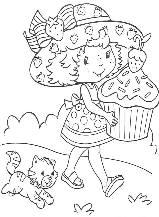 coloriage charlotte avec son chat et un gateau